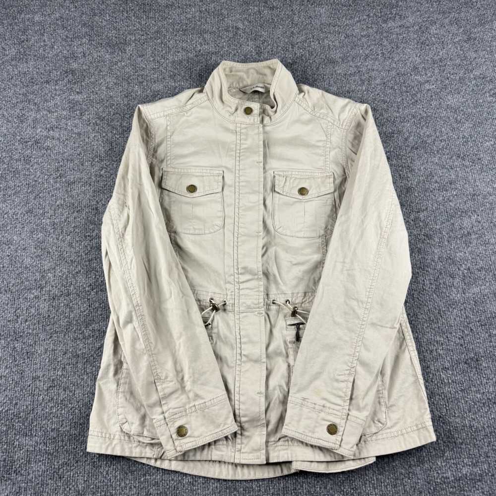 LL Bean Jacket Womens S Beige Utility Cotton Canvas Field‎ Coat Snap Front